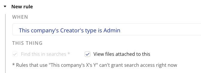 A Bubble privacy rule editor showing that rules referencing a linked record - This company's X's Y - cannot grant search access